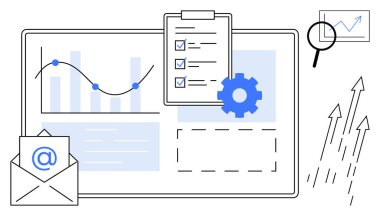Graphs, checklist, gear, magnifying glass, and email symbolize data analysis, strategy development, task tracking, and growth. Ideal for business analytics research planning communication