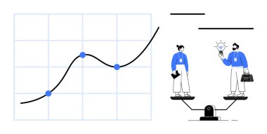 Growing graph with trendline and two professionals balancing on scales to share ideas, symbolizing growth, equality, teamwork, decision-making, innovation, business strategy, and analysis as a simple