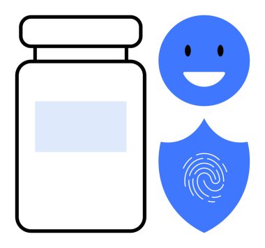 Medicine bottle, happy face, and shield with fingerprint visualizing health, treatment, well-being, and security concepts. Ideal for medicine, healthcare, privacy security trust wellness simple