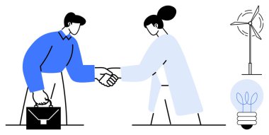 Two professionals shaking hands, briefcase, wind turbine, light bulb with leaves. Ideal for sustainability, partnership, cooperation, business deals, renewable energy eco-friendly initiatives