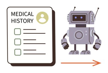 Robot interacting with medical history document, representing healthcare data automation. Ideal for AI, healthcare, digital records, efficiency, technology, innovation, automation as simple flat