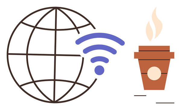 Globe with wireless icon next to steaming coffee cup, symbolizing global networking, connectivity, and remote work. Ideal for communication, technology, business, productivity, leisure freelancing