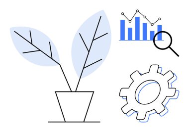 Potted plant symbolizes growth, bar chart with magnifying glass represents analytics, gear conveys processes. Ideal for business, sustainability, efficiency, innovation, strategy, research progress