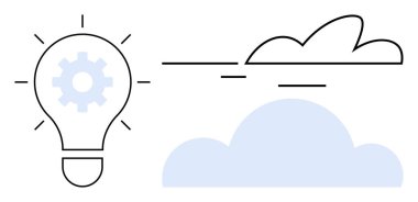 Light bulb with gear symbolizing innovation, alongside minimalist clouds. Ideal for technology, creativity, innovation, cloud computing, brainstorming, digital transformation, simple flat metaphor