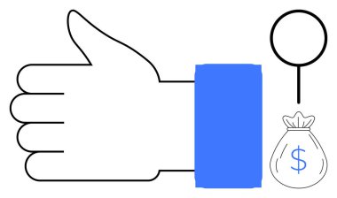 Large thumbs-up hand next to a magnifying glass and money bag. Ideal for success, approval, money, financial growth, research, achievement, economic analysis. Simple flat metaphor