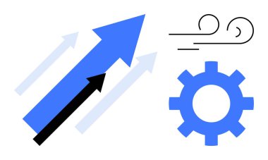 Blue arrow pointing upward with a gear icon and wind lines. Ideal for growth, progress, innovation, productivity, business, evolution, and breakthrough concepts in a simple flat metaphor