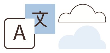 Alphabet and character tiles beside cloud outlines, representing translation services and cloud computing. Ideal for language, technology, globalization, accessibility, connectivity, AI, digital