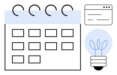Spiral calendar with grid layout for scheduling, web interface for coordination, and light bulb for idea generation. Ideal for planning, innovation, teamwork, productivity, management, education