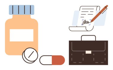 Medication bottle, pills, signed document, and briefcase convey healthcare, legal, and corporate themes. Ideal for health management, business contracts, regulatory compliance medical practices