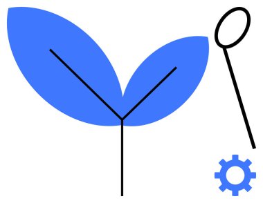 Two blue leaves, gear, and magnifying glass outline signify growth, analysis, innovation, solutions, environmental focus, technological progress and sustainable development. Simple flat metaphor