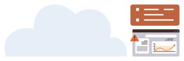 Large cloud shape, red notification panel with alerts, analytics dashboard with warning icon overlay. Ideal for data management, cloud storage, analytics, communication, technology, cybersecurity