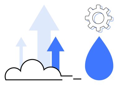 Cloud with upward arrows symbolizes growth, gear for innovation, and water drop for sustainability. Ideal for technology, progress, innovation, sustainability, cloud services, data analytics