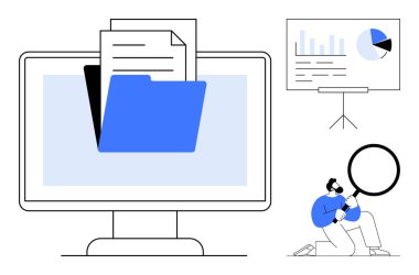 Computer screen displaying digital folder and files, researcher analyzing with magnifying glass, data chart on whiteboard. Ideal for research, analytics, document management, data storage, workflow