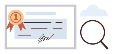 Certificate featuring a ribbon and signature alongside a magnifying glass and cloud. Ideal for recognition, achievement, validation, certification, success, education, and reliability concepts. A