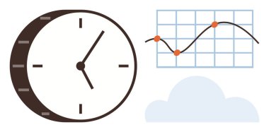 Analog clock, line graph showing data trends, and cloud symbolizing time management, analytics, and cloud computing. Ideal for business, productivity, planning, strategy analytics technology