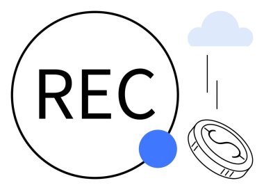 REC text inside circle, cloud with raindrops, coin outline, and blue circle. Ideal for recording, data storage, cloud service, finance, digital payment minimal apps simple flat metaphor