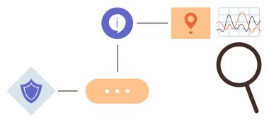 Connected icons represent information, security, location, magnifying glass, and analytics graphs. Ideal for cybersecurity, investigation, navigation, workflow analysis research and communication