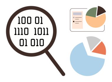 Magnifying glass focuses on binary code, accompanied by colorful pie charts and a report. Ideal for analytics, research, statistics, technology, data visualization, education, simple flat metaphor