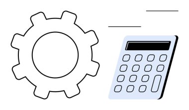 Gear and calculator emphasize problem-solving, efficiency, and financial analysis. Ideal for technology, business, finance, productivity, calculations teamwork and organization. Simple flat