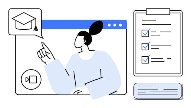 Woman participating in video conference, pointing to graduation cap, checklist, and notes. Ideal for education, e-learning, goal setting, task completion, productivity achievement simple flat