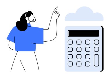Woman wearing headset pointing to cloud above a calculator, highlighting cloud technology, finance, and customer support. Ideal for finance, technology, cloud computing, customer service, innovation
