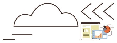 Cloud outline linked to documents, charts, and tablets showcasing analytics. Ideal for data management, cloud storage, technology, business insights, remote work software innovation. Simple flat