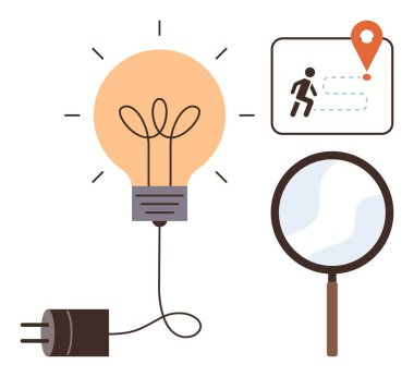 Lightbulb symbolizing innovation, magnifying glass for focus, map with location pin for navigation. Ideal for creativity, exploration, problem-solving, goal-setting, discovery, learning simple flat