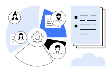 Profiles connected in pie chart, gears indicating workflow, documents representing task management. Ideal for teamwork, HR, project planning, remote work, communication, organization workflows