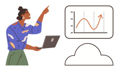 Woman holding laptop and pointing at a rising graph on a screen above cloud icon. Ideal for data analysis, business growth, technology, cloud computing, teamwork, presentation, simple flat metaphor