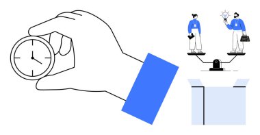 Hand holding stopwatch emphasizing time management, business people balancing creativity and workload on a scale. Ideal for time, productivity, balance, innovation, teamwork, efficiency, leadership