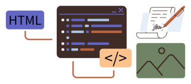 Coding interface with HTML, code snippet, and image file representation. Highlighting web design components, coding, digital content creation, and graphic elements. Ideal for web development