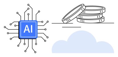 AI microchip network beside coins and a cloud, suggesting AI-driven finance, cloud computing, and technology integration. Ideal for innovation, fintech, data, automation, digital economy computing
