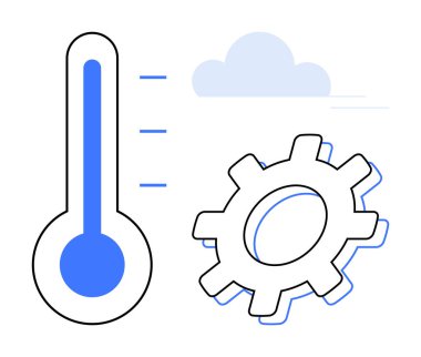 Thermometer with blue gradient, gear indicating operation, and a cloud element. Ideal for weather, temperature management, automation, sustainability, innovation, industry and cloud computing