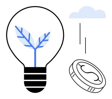 Lightbulb enclosing a leaf symbolizes eco-friendly growth, with coin and rain cloud representing investment and sustainability. Ideal for green economy, renewable energy, investment, innovation