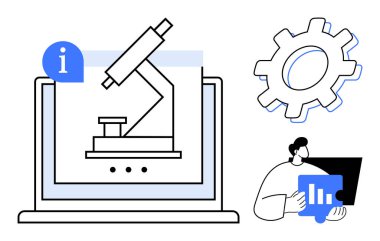 Laptop displaying microscope, gear symbol, and person analyzing data. Ideal for science, technology, education, research, innovation analytics engineering. Simple flat metaphor
