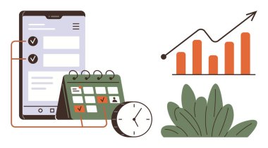 Smartphone screen with checklists, calendar, clock, plant, and upward chart. Ideal for productivity, organization, scheduling, goal setting growth business metrics and planning concepts using