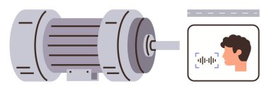 Electric motor alongside voice recognition interface featuring human face and sound waves. Ideal for automation, technology, engineering, innovation, IoT, smart devices, seamless integration. Simple