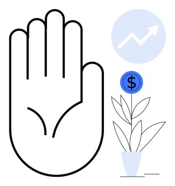 Open hand symbolizing support next to a plant with a dollar sign and upward arrow, representing financial growth, business progress, and sustainability. Ideal for finance, investment, teamwork