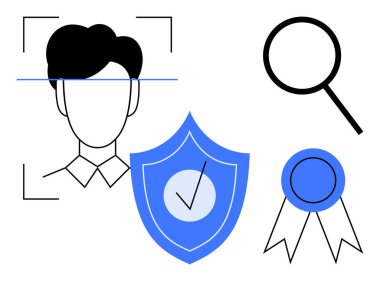 Facial recognition scan, shield with checkmark, magnifying glass, and award ribbon symbolizing identity verification, data security, search solutions, validation, compliance, and trust building in