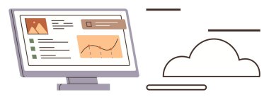 Desktop screen displaying a graph, image preview, notifications, and cloud representation. Ideal for tech, analytics, cloud computing, storage workflow data sharing and innovation. Flat simple