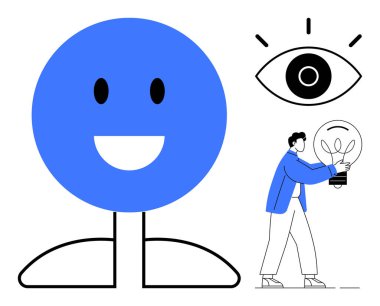 Blue happy face, man holding lightbulb, and an eye symbol. Ideal for creativity, innovation, insight, idea generation, inspiration teamwork visual communication. Simple flat metaphor
