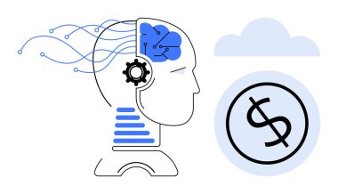 Human head with neural network and gear, dollar coin in cloud. Ideal for AI, finance, technology, innovation, economy, cloud computing future trends. A simple flat metaphor