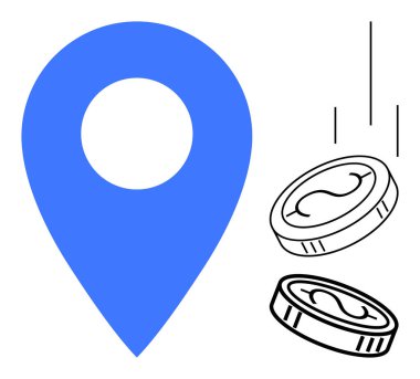 Large blue map pin next to two coins in motion. Elements convey money, location, navigation success. Ideal for finance, navigation, economy, e-commerce, savings business strategies simple flat