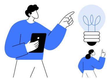 Two people collaborating, gesturing towards a light bulb representing ideas and innovation, one holding a tablet. Ideal for teamwork, brainstorming, creativity, strategy, solutions, technology