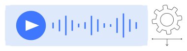 Play button, audio waveform, gear icon symbolizing settings, and an arrow. Ideal for media, audio editing, sound engineering, customization technology user interface and innovation. Flat simple