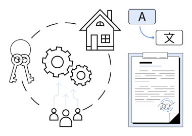 Keys, house, gears, document, and translation elements emphasize property management, agreements, teamwork, real estate workflows localization planning and cross-cultural collaboration. Ideal