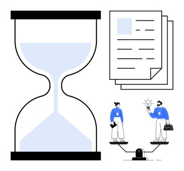 Hourglass represents time management alongside documents and two professionals on scales exchanging ideas. Ideal for time efficiency, decision-making, resource balance, business strategy