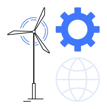 Wind turbine generating power, blue gear symbolizing technology, and globe representing global impact. Ideal for renewable energy, sustainability, technology, innovation, environment, clean energy