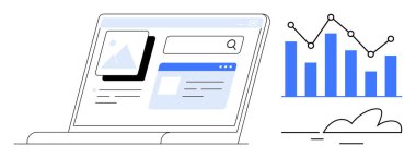 Open laptop displaying a dashboard with graphs, search bar, and image file. Bar and line charts emphasize data insights. Ideal for analytics, digital tools, research, business growth, technology