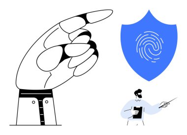 Large stylized hand points towards blue shield featuring a fingerprint. A businessman holds a clipboard and pen. Ideal for topics thumbs up digital security, biometrics, data protection, business